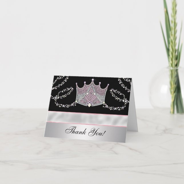 Pink Black Tiara Princess Thank You Cards (Front)