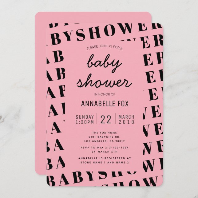 Pink Black Trendy Modern Baby Shower Invitation (Front/Back)