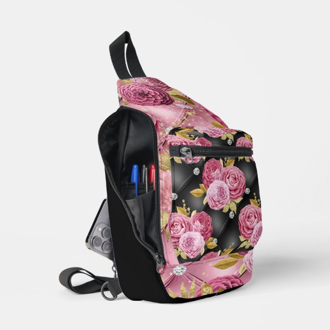 PINK & BLACK TUFTED LOOK PATTERN AND FLOWERS SLING BAG (Open)