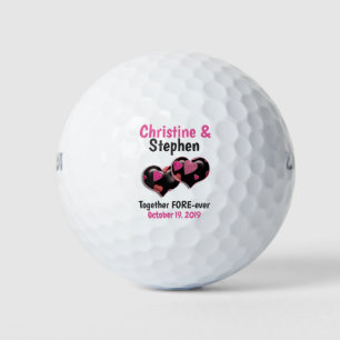 Pink Black Two Hearts Joined Wedding Favour Golf Balls