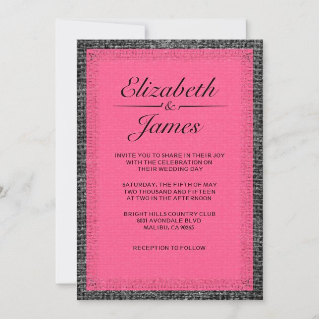 Pink & Black Vintage Burlap Wedding Invitations (Front)