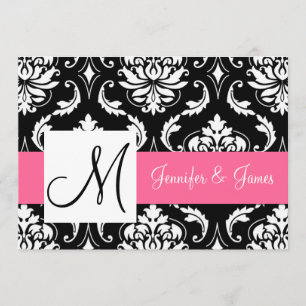 Pink Black Vintage Damask Initial Wedding Invitation