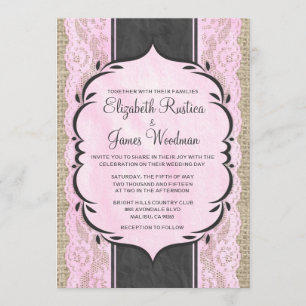 Pink Black Vintage Linen Lace Wedding Invitations