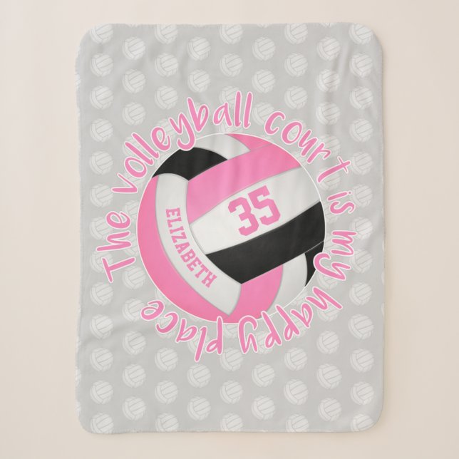 pink black volleyball court is my happy place sherpa blanket (Front)