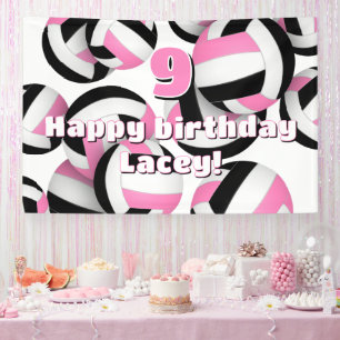 pink black volleyballs girls sports birthday party banner