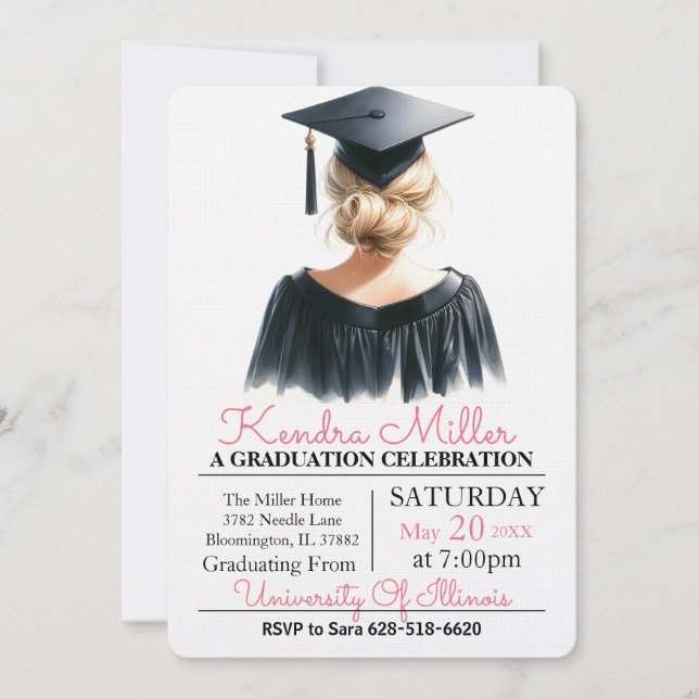 Pink & Black Watercolor Graduation Invitation (Front)
