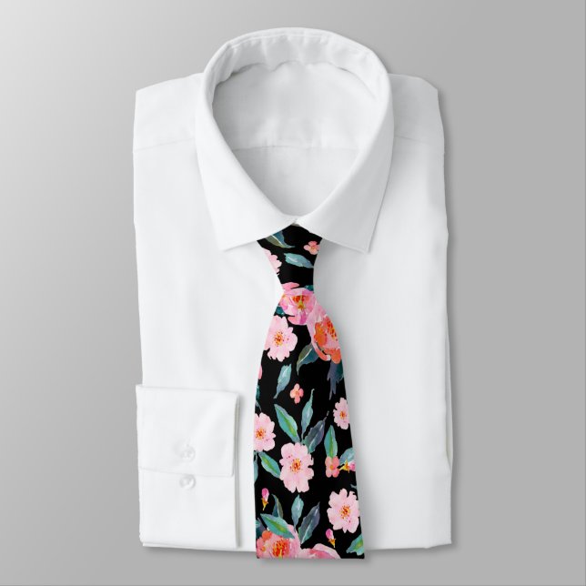 Pink Black Watercolor Rose Pattern Wedding Tie (Tied)