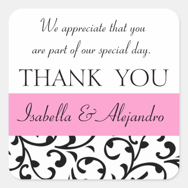 Pink Black Wedding Favour Thank You Message Square Sticker (Front)