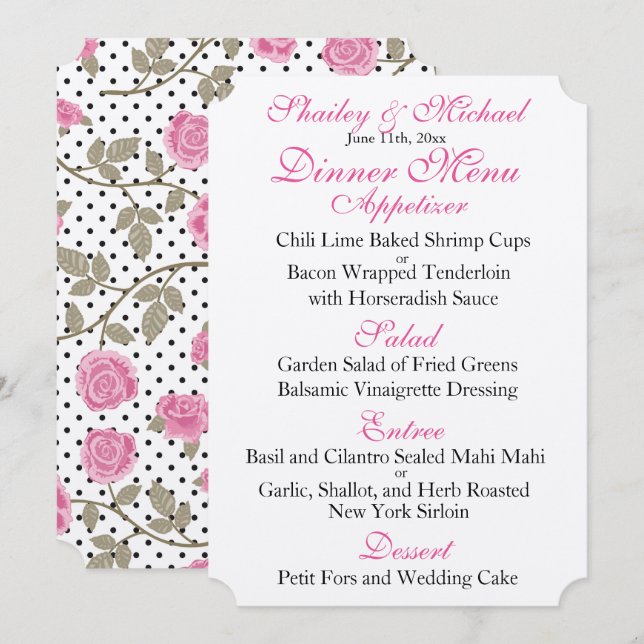 Pink/Black  WEDDING RECEPTION MENU Invitation (Front/Back)
