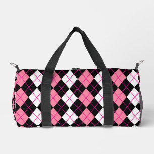 Pink Black White Argyle Diamond Design Duffle Bag