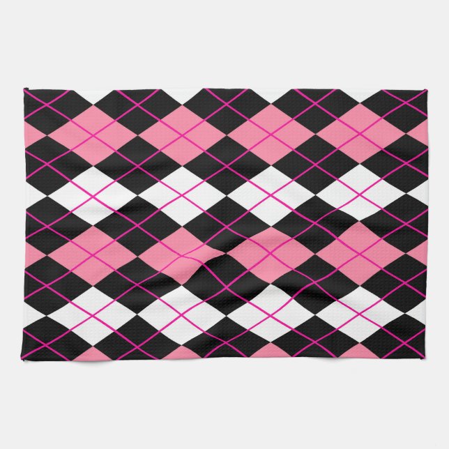Pink Black White Argyle Diamond Design  Kitchen Towel (Horizontal)