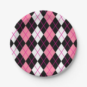 Pink Black White Argyle Diamond Design  Paper Plate