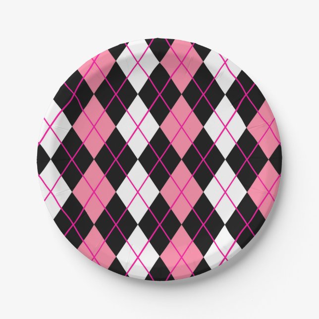 Pink Black White Argyle Diamond Design  Paper Plate (Front)