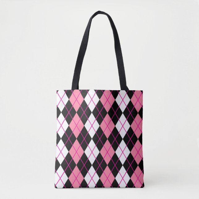 Pink Black White Argyle Diamond Design  Tote Bag (Front)