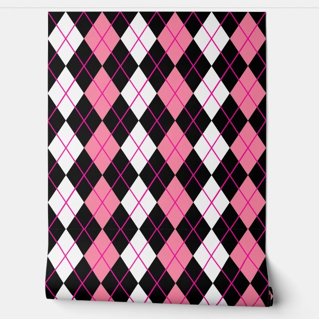 Pink Black White Argyle Diamond Design  Wallpaper (Unrolling)
