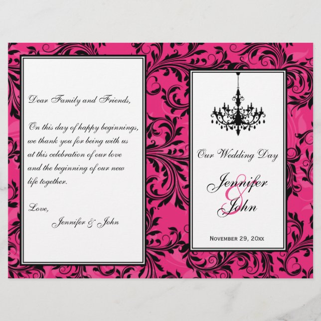 Pink Black White Chandelier Scroll Wedding Program (Front)