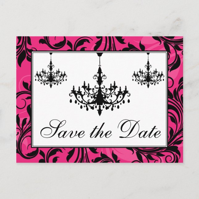 Pink Black White Chandeliers Save the Date Card (Front)