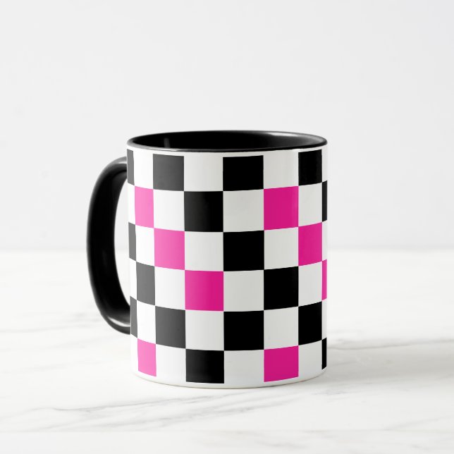 Pink Black White Checkered Pattern Design  Mug (Front Left)