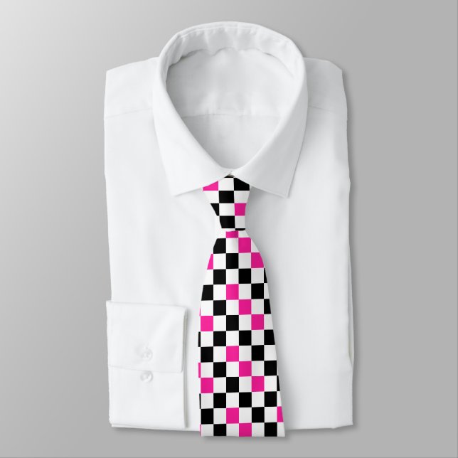 Pink Black White Chequered Pattern Design  Tie (Tied)