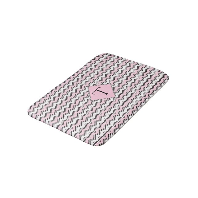 Pink, Black & White Chevron, Custom Monogram Bath Mat (Angled)