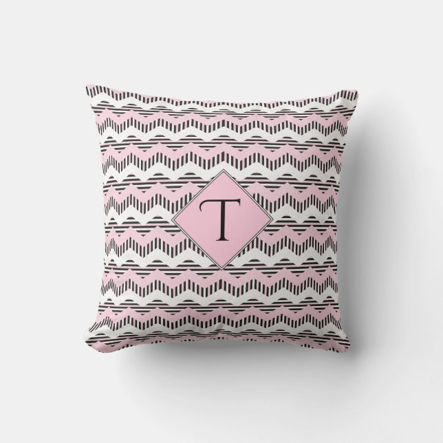 Pink, Black & White Chevron, Custom Monogram Throw Pillow (Front)