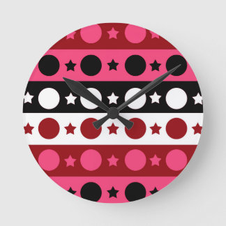 Pink Black White Circle Stars Stripes Design Round Clock