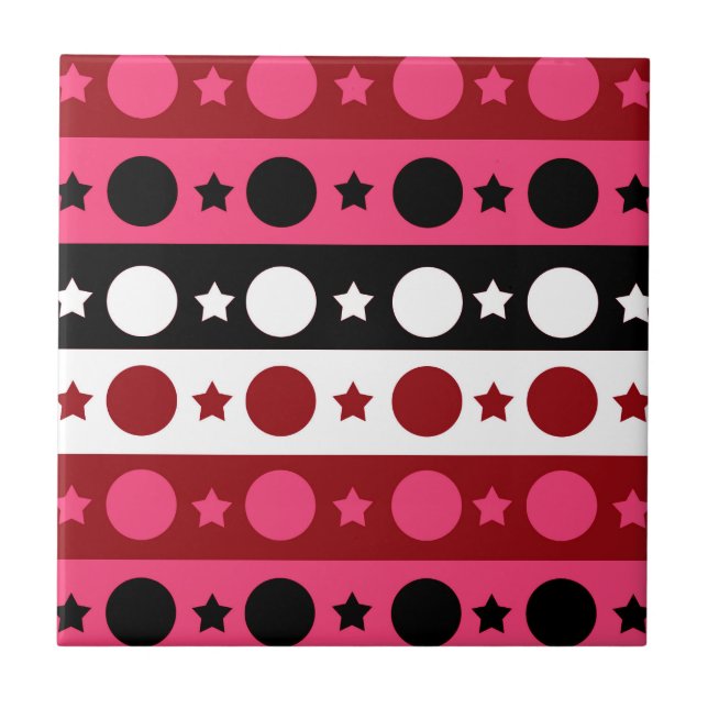 Pink Black White Circle Stars Stripes Design  Tile (Front)