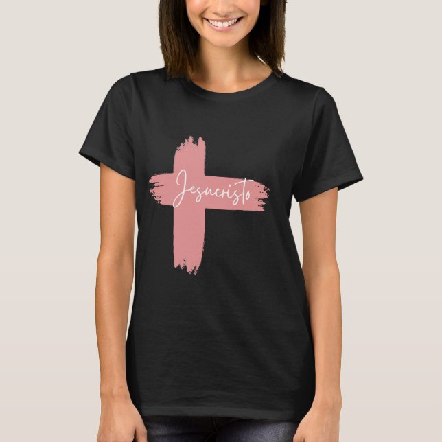 Pink black white Cross Jesucristo  T-Shirt (Front)
