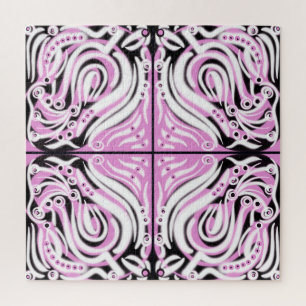 Pink Black White Curly Abstract Pattern Jigsaw Puzzle
