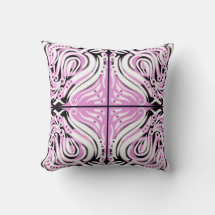 Pink Black White Curly Abstract Pattern Throw Pillow