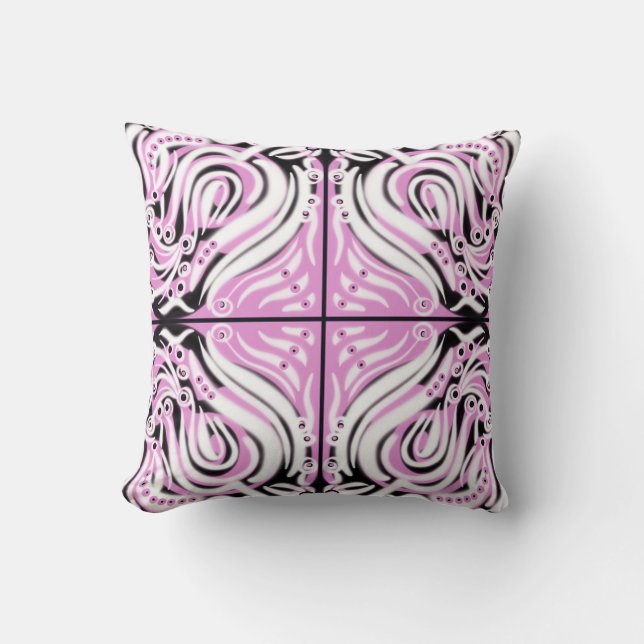Pink Black White Curly Abstract Pattern  Throw Pillow (Front)