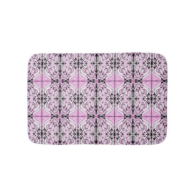 Pink Black White Curly Abstract Repeat Pattern  Bath Mat (Front)
