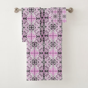 Pink Black White Curly Abstract Repeat Pattern Bath Towel Set