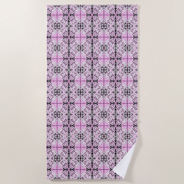 Pink Black White Curly Abstract Repeat Pattern  Beach Towel (Front)