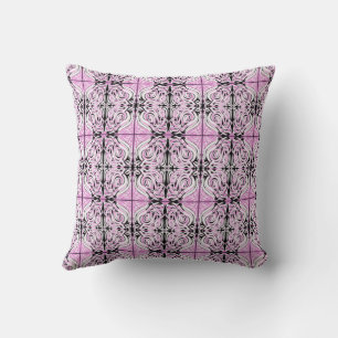 Pink Black White Curly Abstract Repeat Pattern Throw Pillow