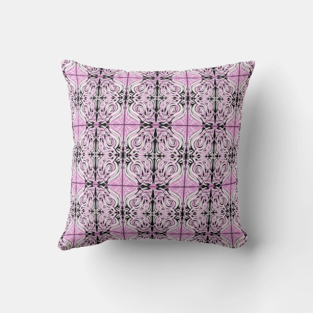 Pink Black White Curly Abstract Repeat Pattern  Throw Pillow (Back)