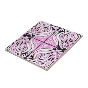 Pink Black White Curvy Abstract Pattern  Tile
