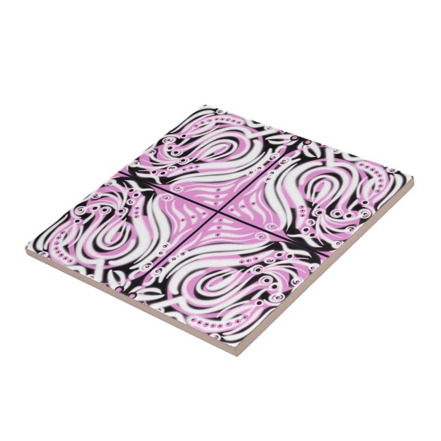 Pink Black White Curvy Abstract Pattern  Tile (Side)