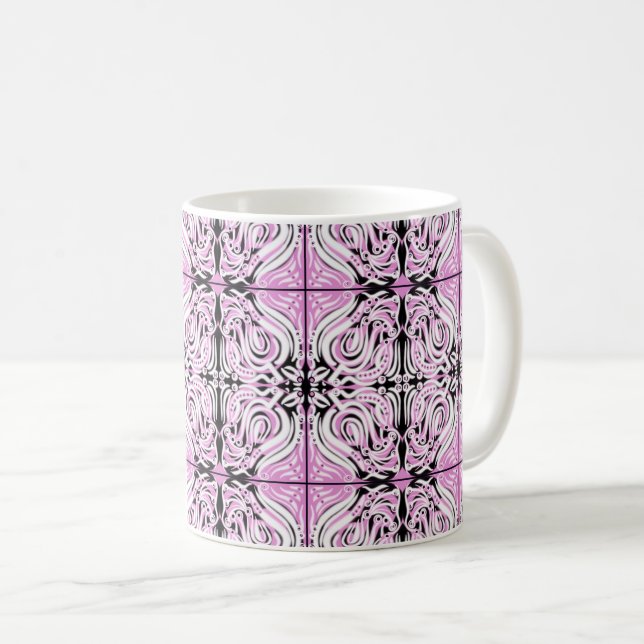 Pink Black White Curvy Abstract Repeat Pattern  Coffee Mug (Front Right)