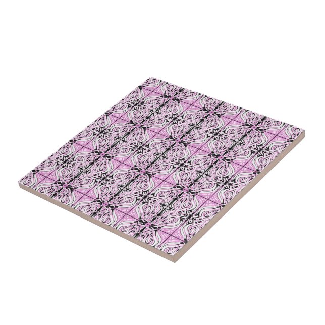 Pink Black White Curvy Abstract Repeat Pattern  Tile (Side)