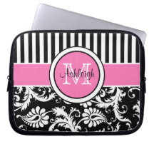 Pink Black White Damask Striped Laptop Sleeve
