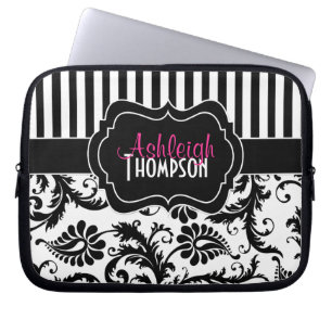 Pink Black White Damask Striped Laptop Sleeve