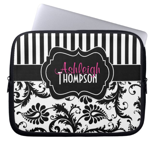 Pink Black White Damask Striped Laptop Sleeve (Front)