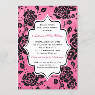 Pink Black White Floral Damask Bridal Shower Invitation