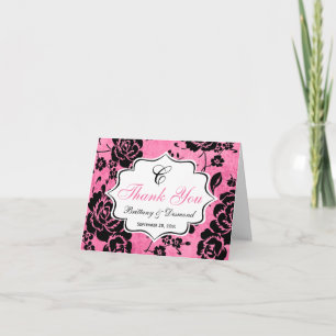 Pink Black White Floral Damask Thank You Card