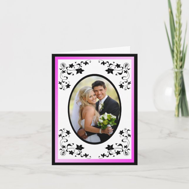 Pink, Black, White Floral Photo Thank You Card (Front)