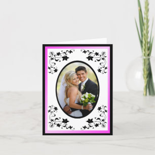 Pink, Black, White Floral Photo Thank You Card