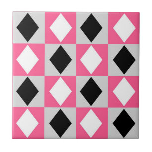 Pink Black White Geometric Rhombus Diamond Tile