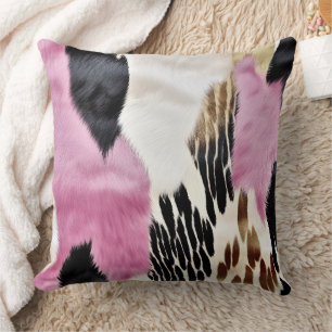 Pink Black White Gold Cowhide Throw Pillow