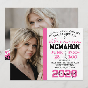 Pink, Black & White Graduation 2 Photo Invitation